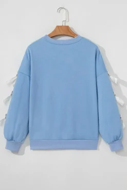 Sale Dear-Lover Contrast Bow Decor Dropped Sleeve Crewneck Sweatshirt Myosotis