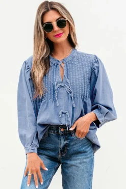 Clearance Dear-Lover Denim Front Pintuck Bow Tie Puff Sleeve Top Myosotis