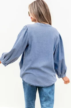 Clearance Dear-Lover Denim Front Pintuck Bow Tie Puff Sleeve Top Myosotis