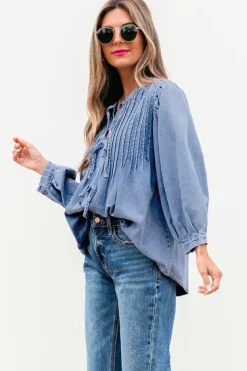 Clearance Dear-Lover Denim Front Pintuck Bow Tie Puff Sleeve Top Myosotis