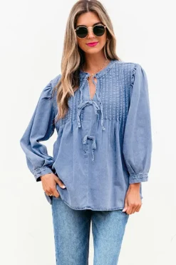 Clearance Dear-Lover Denim Front Pintuck Bow Tie Puff Sleeve Top Myosotis