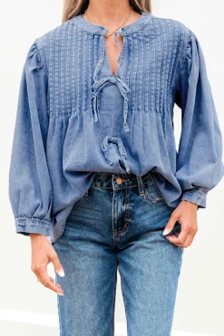 Clearance Dear-Lover Denim Front Pintuck Bow Tie Puff Sleeve Top Myosotis