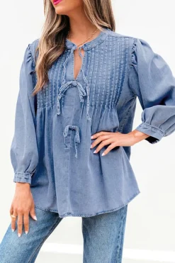 Clearance Dear-Lover Denim Front Pintuck Bow Tie Puff Sleeve Top Myosotis