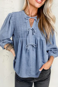 Clearance Dear-Lover Denim Front Pintuck Bow Tie Puff Sleeve Top Myosotis