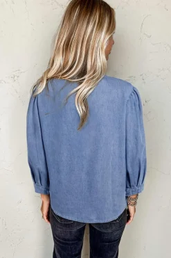 Clearance Dear-Lover Denim Front Pintuck Bow Tie Puff Sleeve Top Myosotis