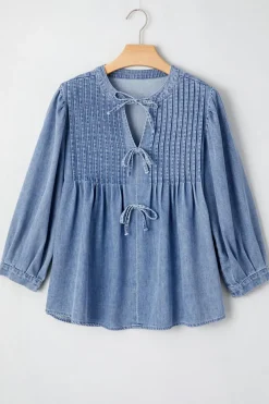 Clearance Dear-Lover Denim Front Pintuck Bow Tie Puff Sleeve Top Myosotis