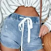 Fashion Dear-Lover Drawstring High Waist Distressed Denim Shorts Myosotis