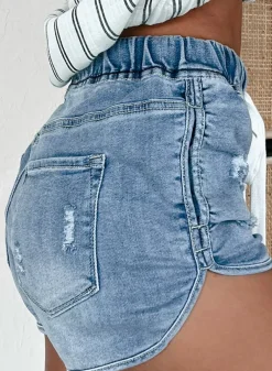 Fashion Dear-Lover Drawstring High Waist Distressed Denim Shorts Myosotis