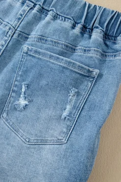 Fashion Dear-Lover Drawstring High Waist Distressed Denim Shorts Myosotis