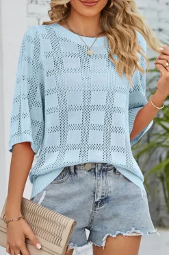 New Dear-Lover Eyelet Checker Knit Half Sleeve Top Myosotis