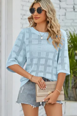 New Dear-Lover Eyelet Checker Knit Half Sleeve Top Myosotis