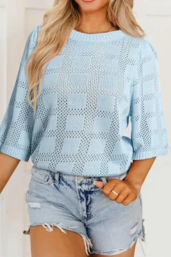 New Dear-Lover Eyelet Checker Knit Half Sleeve Top Myosotis