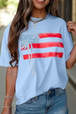 Clearance Dear-Lover Flag Bow Graphic Crewneck Tee Myosotis
