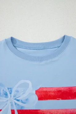 Clearance Dear-Lover Flag Bow Graphic Crewneck Tee Myosotis