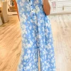 Fashion Dear-Lover Floral Print Half Button Wide Leg Relaxed Sleeveless Jumpsuit Myosotis