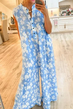 Fashion Dear-Lover Floral Print Half Button Wide Leg Relaxed Sleeveless Jumpsuit Myosotis