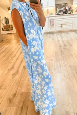 Fashion Dear-Lover Floral Print Half Button Wide Leg Relaxed Sleeveless Jumpsuit Myosotis