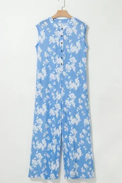Fashion Dear-Lover Floral Print Half Button Wide Leg Relaxed Sleeveless Jumpsuit Myosotis