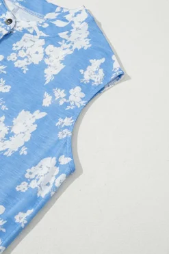 Fashion Dear-Lover Floral Print Half Button Wide Leg Relaxed Sleeveless Jumpsuit Myosotis