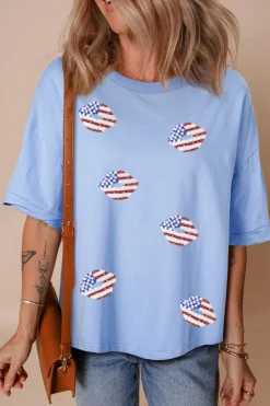 Outlet Dear-Lover Kiss American Flag Sequin Lip Graphic Oversize T Shirt Myosotis