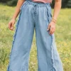 Fashion Dear-Lover Light Wash Raw Hem Ruffled Wide Leg Jeans Myosotis