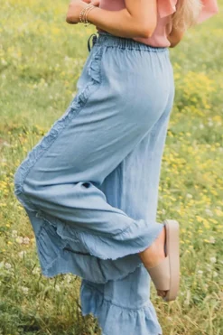 Fashion Dear-Lover Light Wash Raw Hem Ruffled Wide Leg Jeans Myosotis