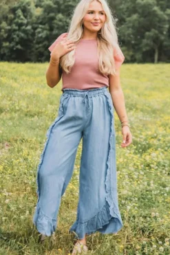 Fashion Dear-Lover Light Wash Raw Hem Ruffled Wide Leg Jeans Myosotis