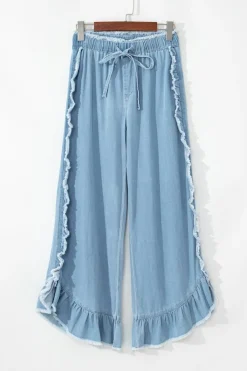 Fashion Dear-Lover Light Wash Raw Hem Ruffled Wide Leg Jeans Myosotis