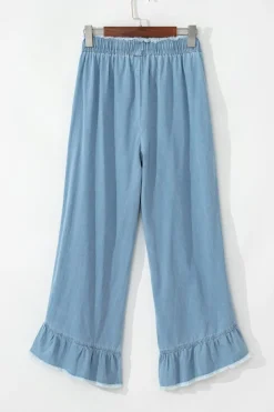 Fashion Dear-Lover Light Wash Raw Hem Ruffled Wide Leg Jeans Myosotis