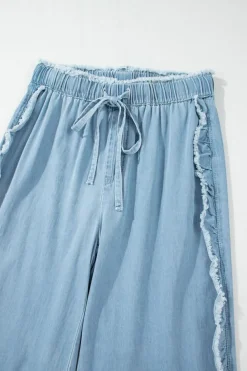 Fashion Dear-Lover Light Wash Raw Hem Ruffled Wide Leg Jeans Myosotis