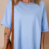 Clearance Dear-Lover Loose Half Sleeve Hi Low Hem T Shirt Myosotis