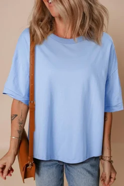 Clearance Dear-Lover Loose Half Sleeve Hi Low Hem T Shirt Myosotis