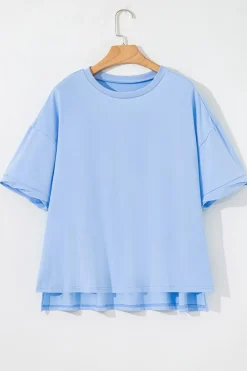 Clearance Dear-Lover Loose Half Sleeve Hi Low Hem T Shirt Myosotis