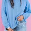Discount Dear-Lover Pearled Sleeves Drop Shoulder Round Neck Pullover Sweatshirt Myosotis