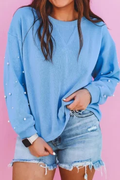 Discount Dear-Lover Pearled Sleeves Drop Shoulder Round Neck Pullover Sweatshirt Myosotis