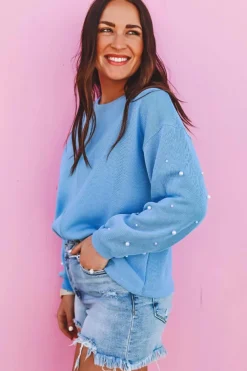 Discount Dear-Lover Pearled Sleeves Drop Shoulder Round Neck Pullover Sweatshirt Myosotis