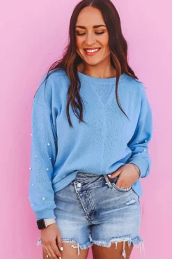 Discount Dear-Lover Pearled Sleeves Drop Shoulder Round Neck Pullover Sweatshirt Myosotis