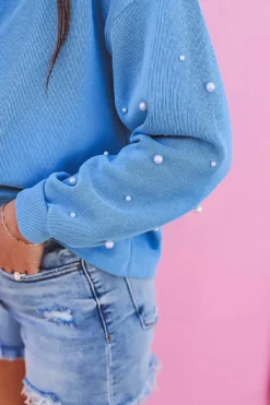 Discount Dear-Lover Pearled Sleeves Drop Shoulder Round Neck Pullover Sweatshirt Myosotis