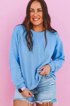 Discount Dear-Lover Pearled Sleeves Drop Shoulder Round Neck Pullover Sweatshirt Myosotis
