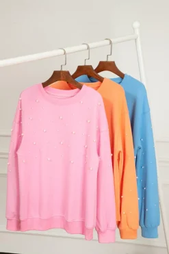 Discount Dear-Lover Pearled Sleeves Drop Shoulder Round Neck Pullover Sweatshirt Myosotis