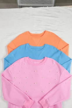 Discount Dear-Lover Pearled Sleeves Drop Shoulder Round Neck Pullover Sweatshirt Myosotis