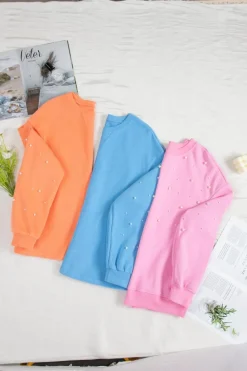 Discount Dear-Lover Pearled Sleeves Drop Shoulder Round Neck Pullover Sweatshirt Myosotis