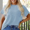 Fashion Dear-Lover Plain Corded Knit Mock Neck T Shirt Myosotis