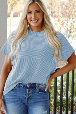 Fashion Dear-Lover Plain Corded Knit Mock Neck T Shirt Myosotis