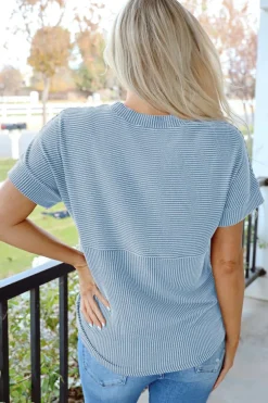 Fashion Dear-Lover Plain Corded Knit Mock Neck T Shirt Myosotis