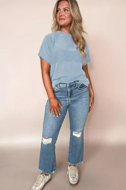 Fashion Dear-Lover Plain Corded Knit Mock Neck T Shirt Myosotis