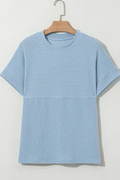Fashion Dear-Lover Plain Corded Knit Mock Neck T Shirt Myosotis