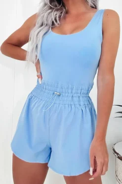 Clearance Dear-Lover Plain Sleeveless Loop Drawstring Cinched Waist Romper Myosotis