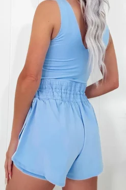 Clearance Dear-Lover Plain Sleeveless Loop Drawstring Cinched Waist Romper Myosotis