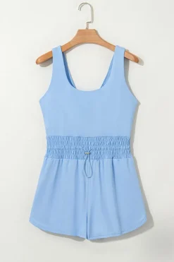 Clearance Dear-Lover Plain Sleeveless Loop Drawstring Cinched Waist Romper Myosotis